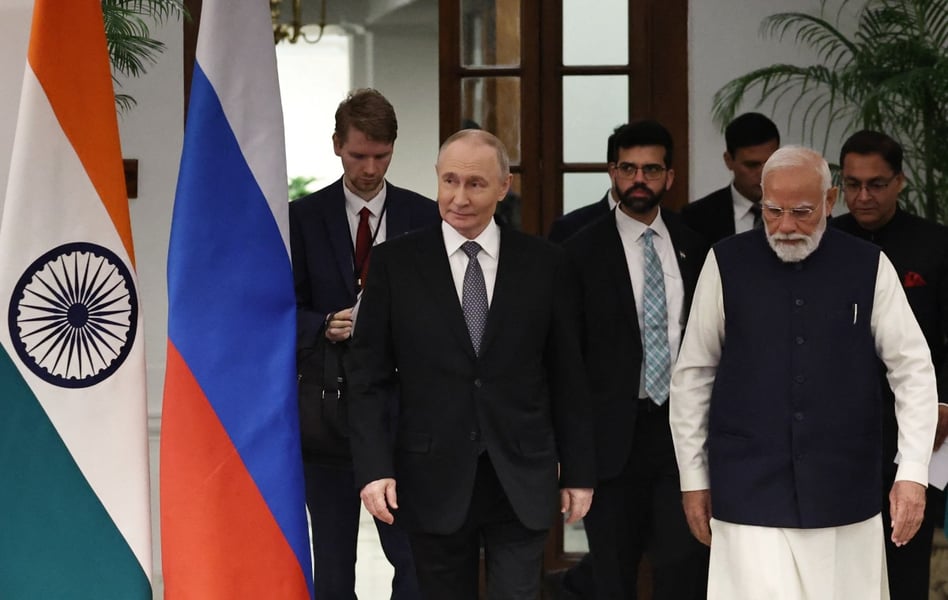 Russian President Vladimir Putin and India's Prime Minister Narendra Modi after their talks at Hyderabad House in New Delhi on December 5, 2025