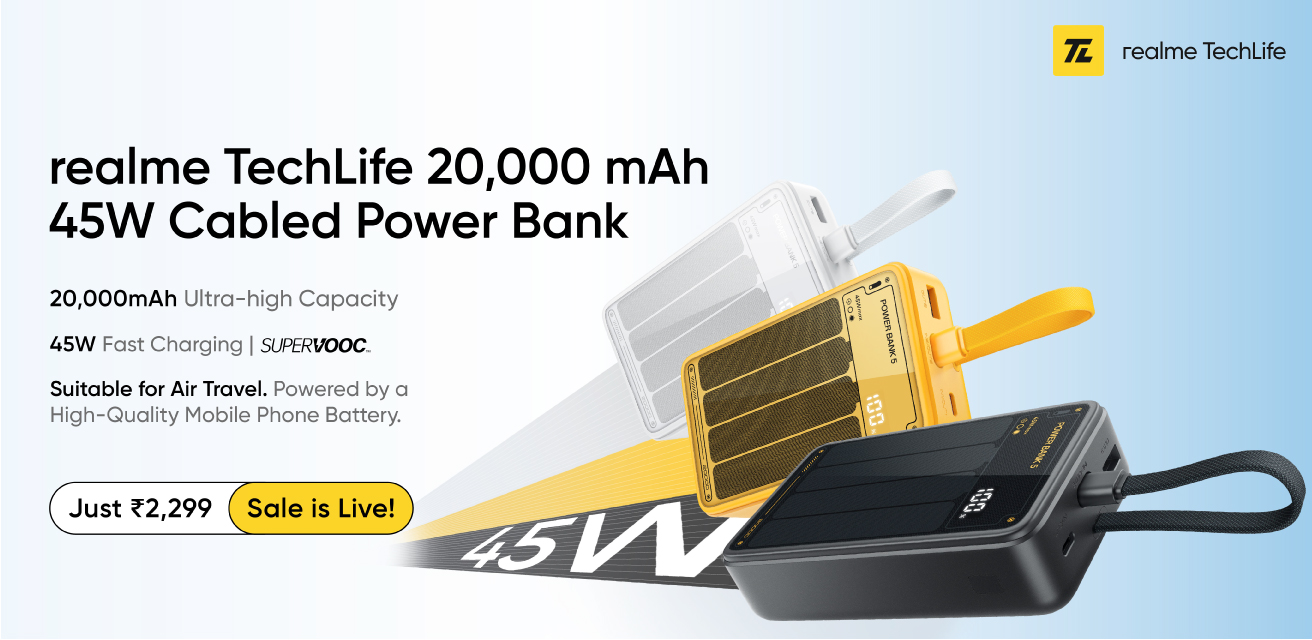 realme TechLife's 20000mAh 45W Fast Charging Power Bank Goes Live on Flipkart from August 6 at ₹2,299