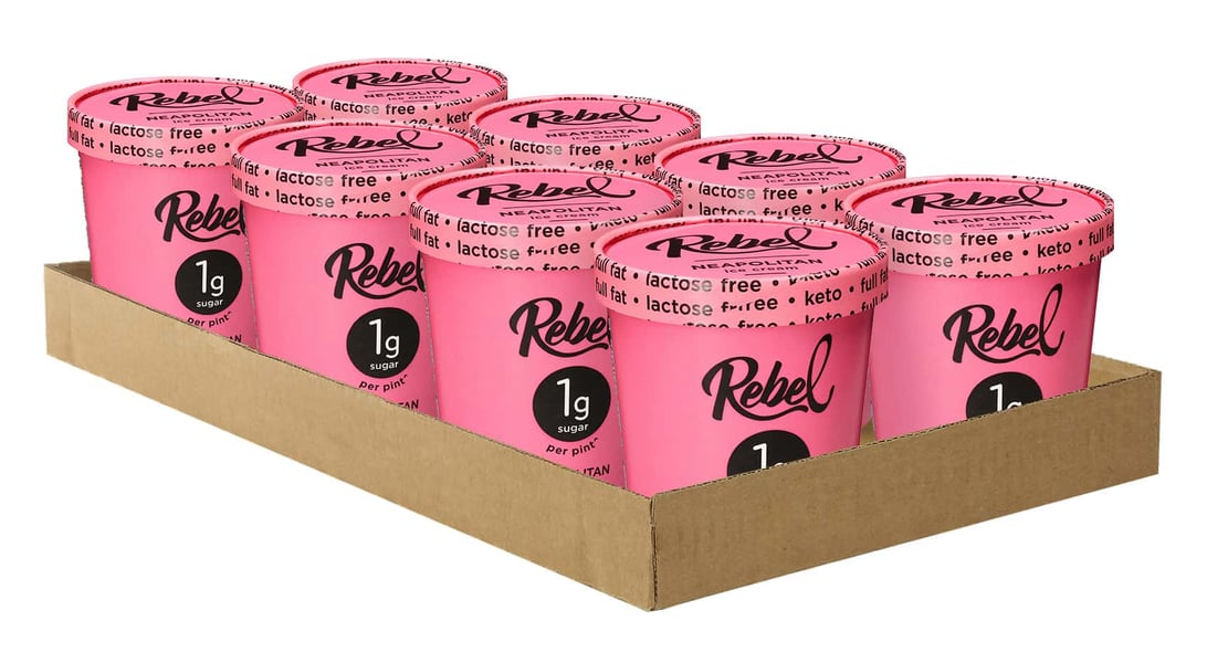 Rebel Creamery Neapolitan flavor ice cream pint case packaging at center of trade dress lawsuit with Van Leeuwen Ice Cream