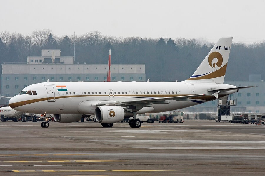 An Airbus A319 corporate jet operated by Reliance Industries on an airport apron