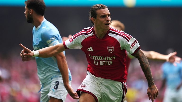 Riccardo Calafiori scores Arsenal's opening goal against Manchester City in the Community Shield at Principality Stadium