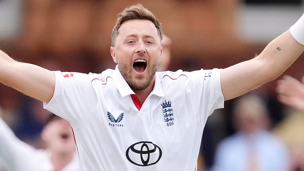 Ollie Robinson bowling for England against Pakistan at Lord's in the second Test, August 2026