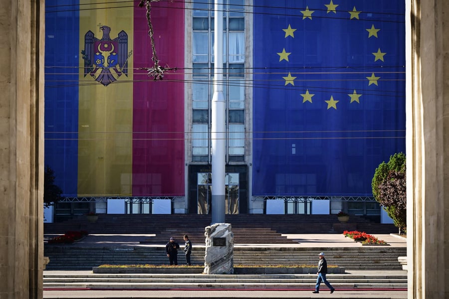 Moldova and European Union flags on government buildings in Chisinau, Moldova