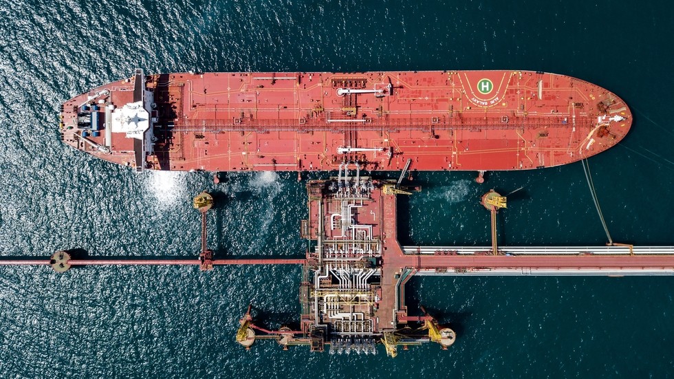 Russian oil tanker at the Sheskharis transshipment complex loading terminal in Novorossiysk Russia