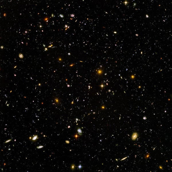 Hubble Ultra Deep Field image showing thousands of galaxies of different ages, sizes and colours spanning billions of years of cosmic history. September 2026 monthly horoscope star backdrop.
