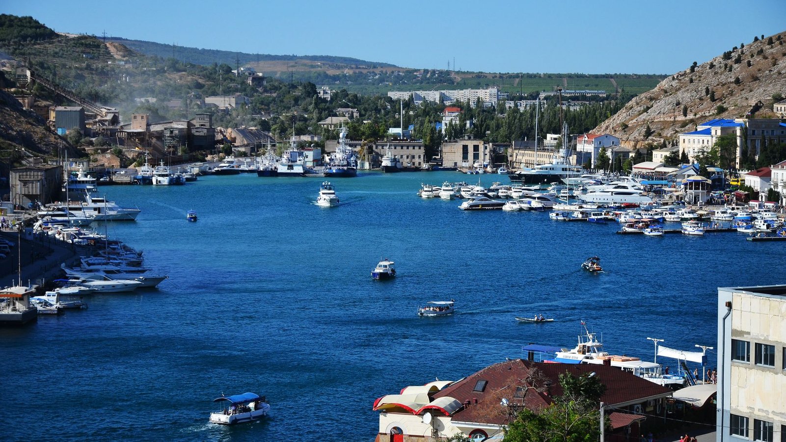 View of Balaklava Bay in Sevastopol, Crimea, as Russian air defenses intercept Ukrainian drones