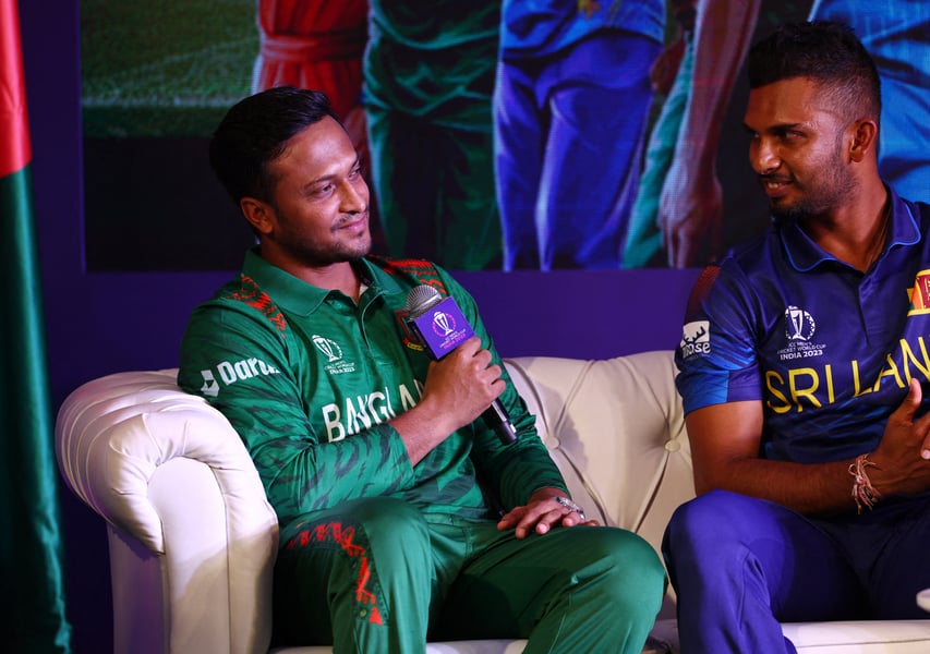 Shakib Al Hasan batting during a cricket World Cup match in 2023