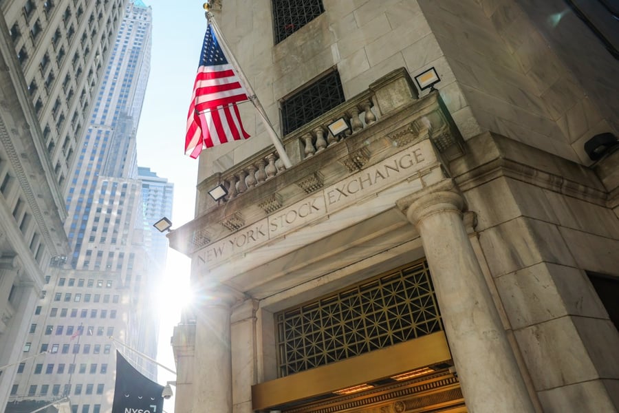 New York Stock Exchange building facade with American flag, Wall Street, S&P 500 market update August 25 2026