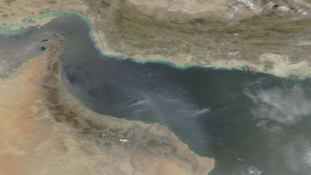 NASA MODIS true-color satellite image of the Strait of Hormuz and Persian Gulf oil shipping region from August 2022