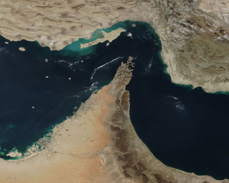 Satellite view of the Strait of Hormuz and Musandam Peninsula