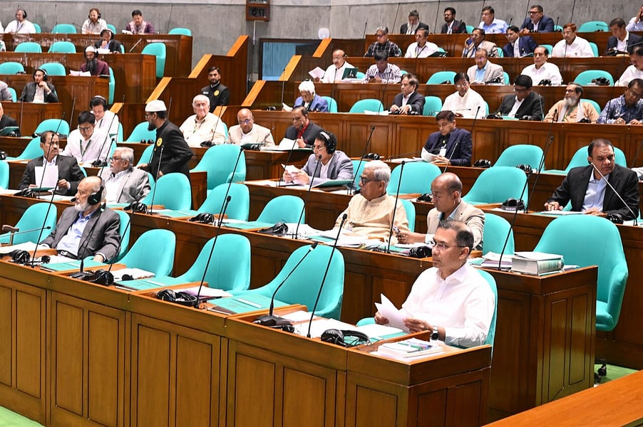 Tarique Rahman seated in the chamber at the first session of Bangladesh's thirteenth National Parliament
