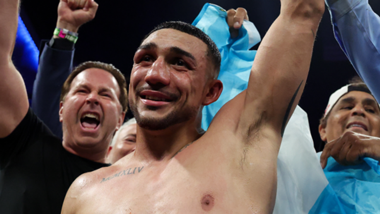 Teofimo Lopez celebrates winning WBA welterweight title at T-Mobile Arena Las Vegas