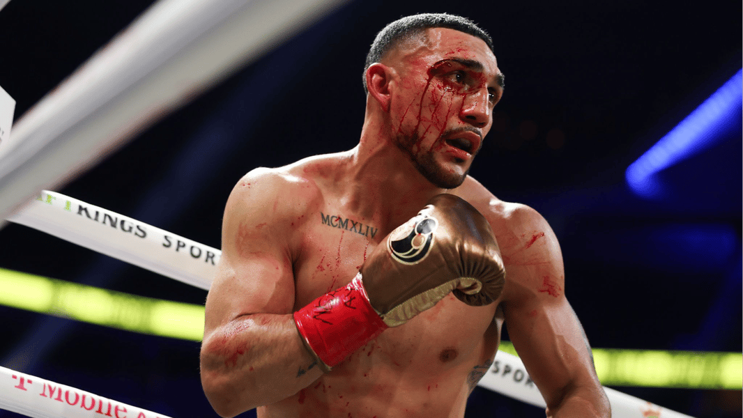 Teofimo Lopez looks on during his WBA welterweight world championship fight against Rolly Romero