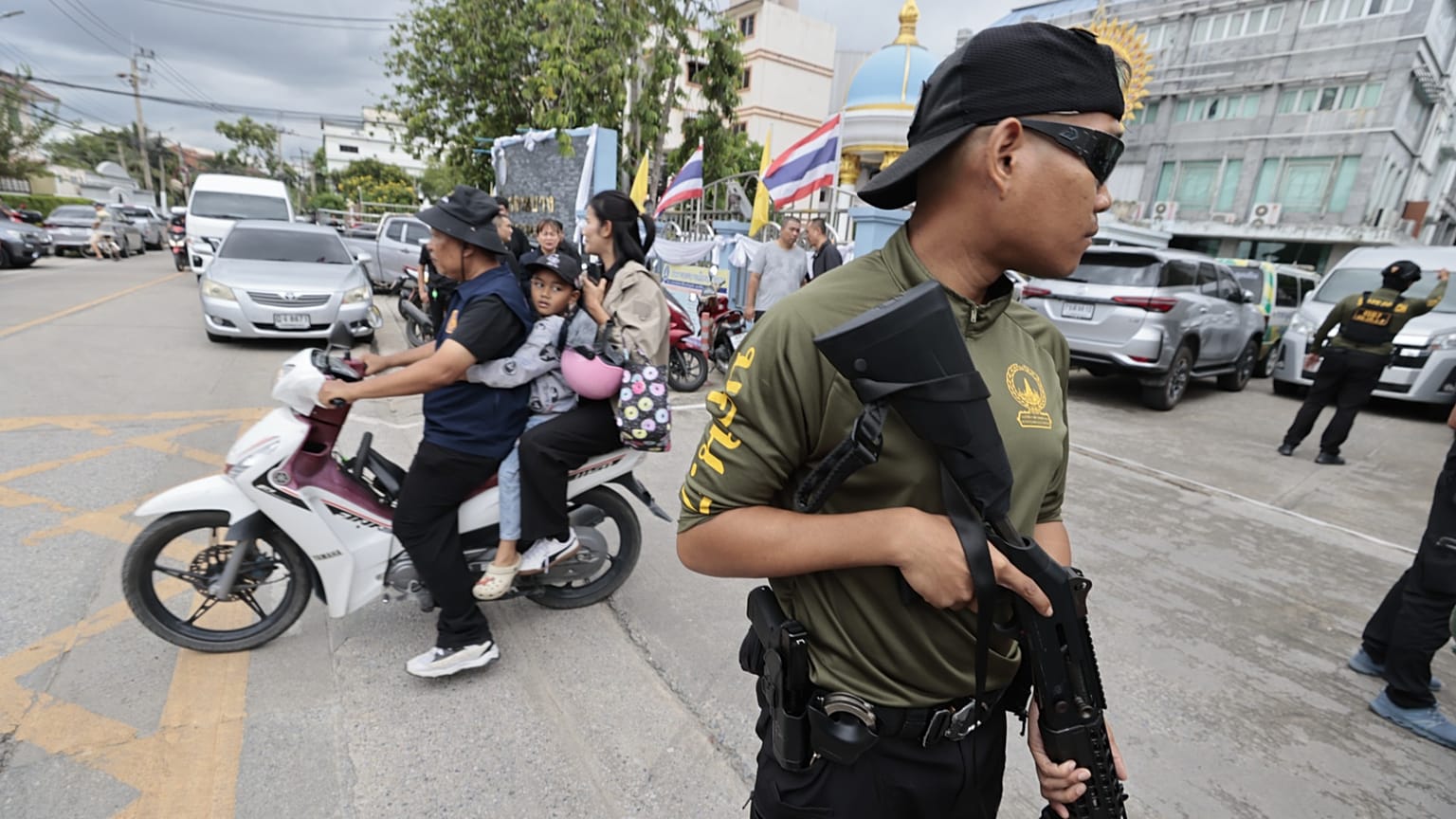 Security officers secure the area after the shooting at Debsirin Nonthaburi School in Thailand, August 7 2026
