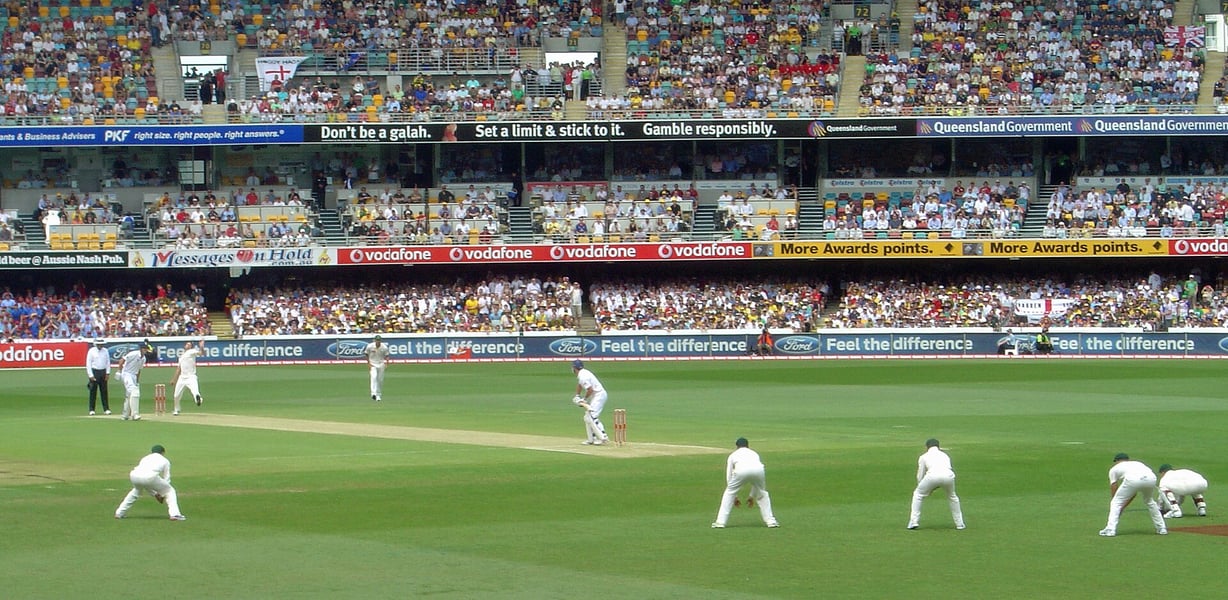 A general view of the Brisbane Cricket Ground, the Gabba, from the stands with the playing surface and floodlights visible