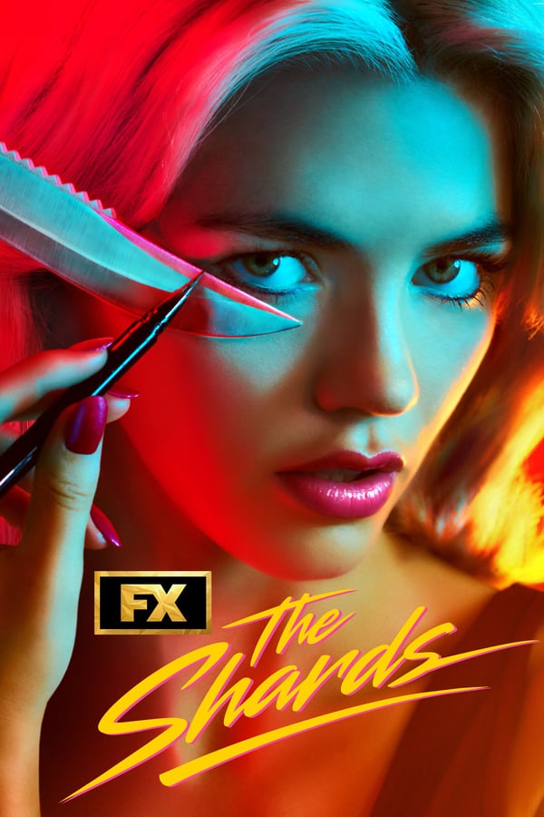 Official FX poster for The Shards showing a character holding a knife near her eye with neon lighting and the show's title