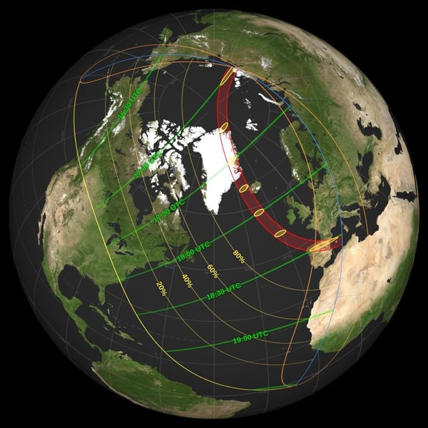 Map showing path of totality for August 12 2026 total solar eclipse crossing Spain from Galicia to Balearic Islands