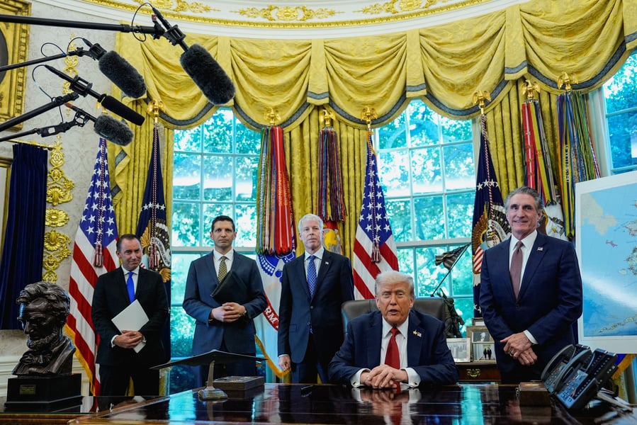 Donald Trump at the White House discussing a potential pardon for Ghislaine Maxwell after the Supreme Court rejected her appeal