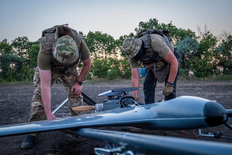 Ukrainian servicemen prepare a Chaklun long-range strike drone for a mission against Russian targets, 2026