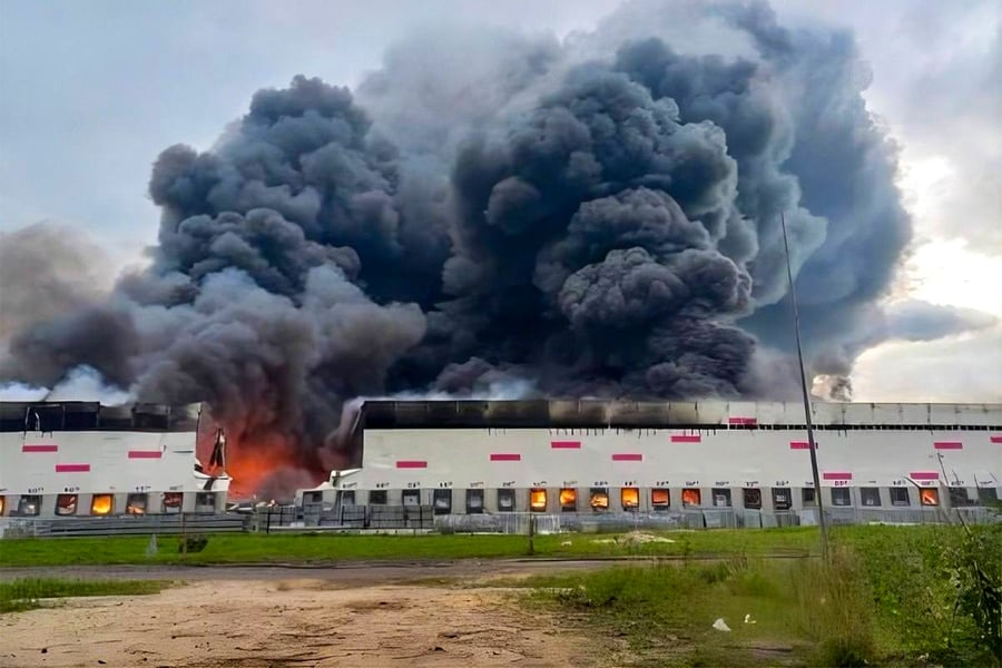 Smoke rises from a Wildberries logistics hub in Russia after a Ukrainian drone strike