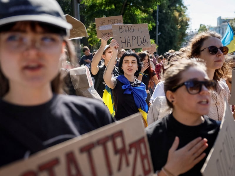 Demonstrators in Ukraine on August 19, 2026, during the protests that followed the dismissal of defence minister Mykhailo Fedorov