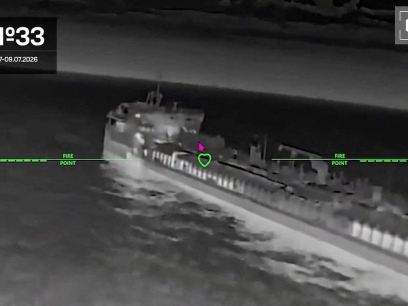 A screengrab of a Ukrainian drone striking what the Ukrainian military said was a Russian tanker in the Sea of Azov
