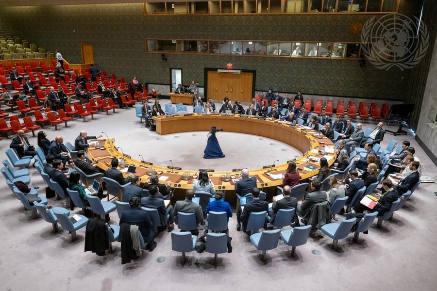 Wide view of the United Nations Security Council chamber in New York during a meeting