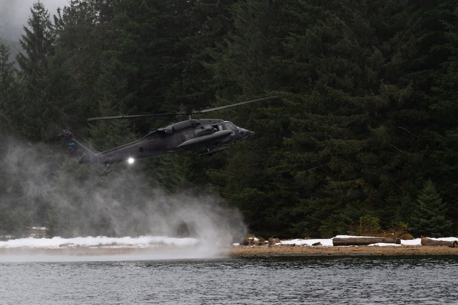 US Army National Guard UH-60 Black Hawk helicopter conducting search and rescue exercise near Sitka Alaska 2026