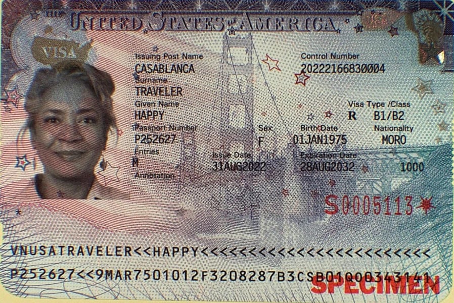 Specimen of a United States visa foil issued by a consular post