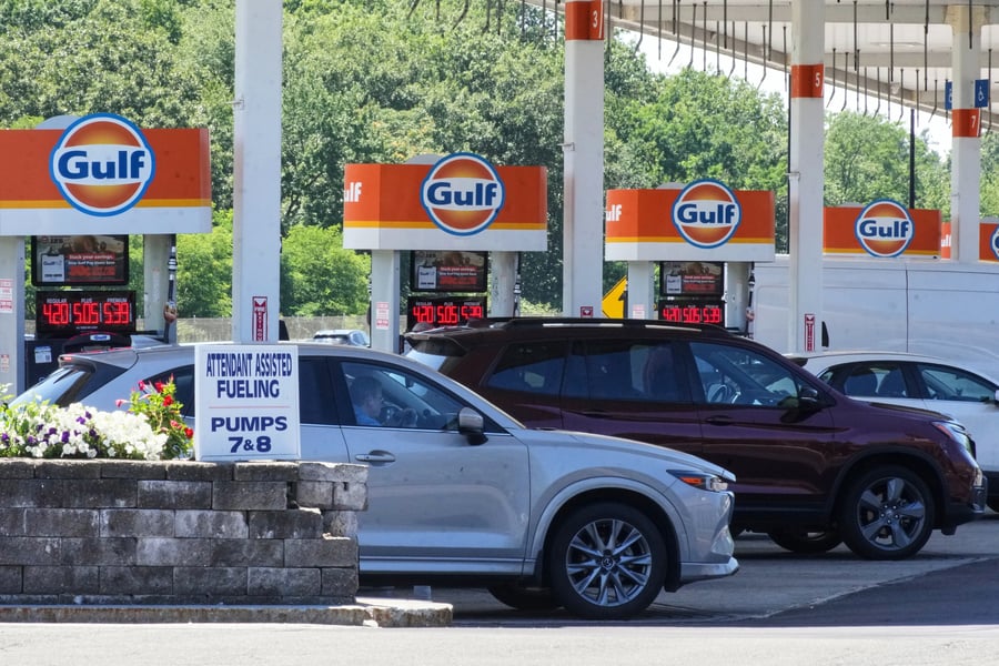 Cars at a Gulf Oil gas station reflecting rising gasoline prices amid US inflation July 2026