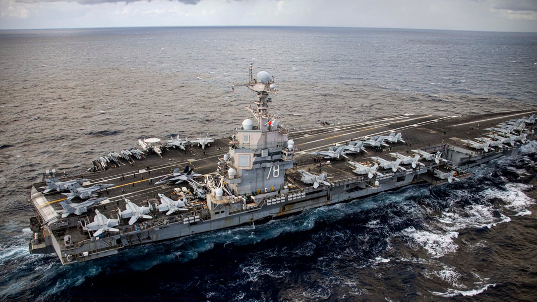 USS Gerald R. Ford (CVN-78) aircraft carrier underway in the Eastern Mediterranean Sea, 2026
