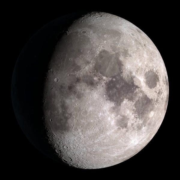 A waxing gibbous moon rendered from NASA Lunar Reconnaissance Orbiter altimeter and camera data