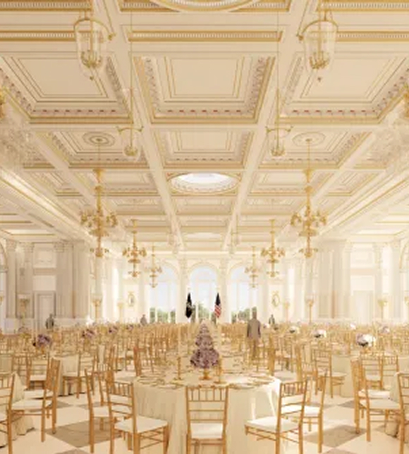 White House State Ballroom interior view relevant to Meadows DOJ reimbursement case