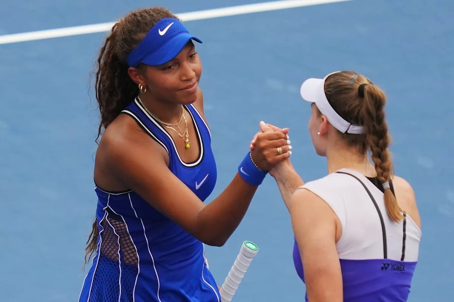 Thea Frodin competes in her first Grand Slam main draw match at the 2026 US Open against Elena Rybakina
