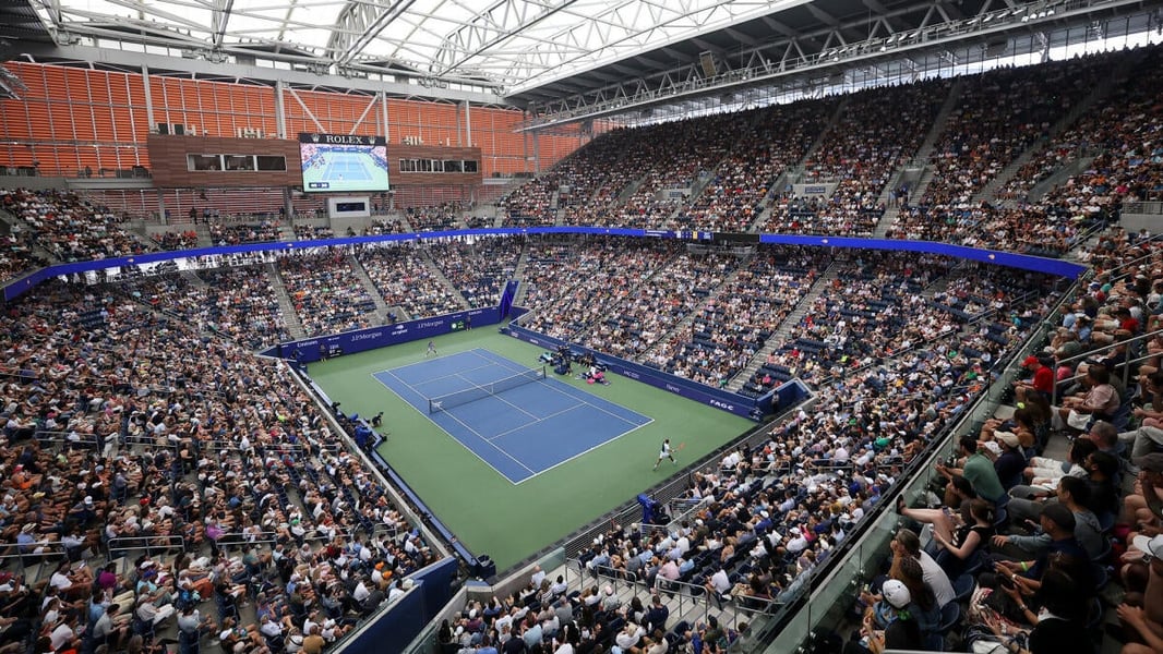The main stadium at the 2026 US Open at Flushing Meadows where Bencic and Putintseva played