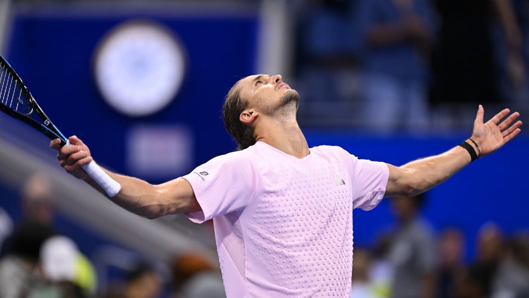 Alexander Zverev at the 2026 US Open after surviving a five-set first-round match against Lorenzo Sonego