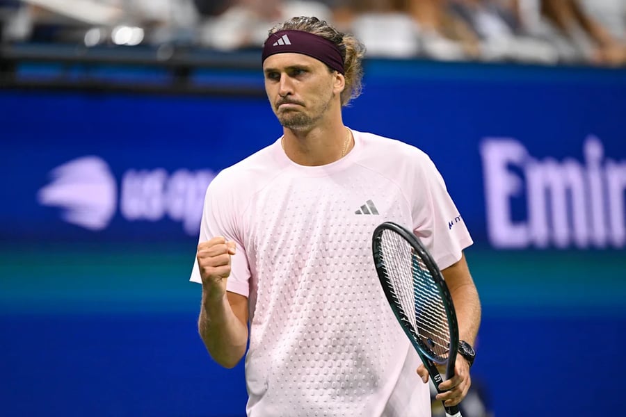 Alexander Zverev in action during his five-set first-round match against Lorenzo Sonego at the 2026 US Open