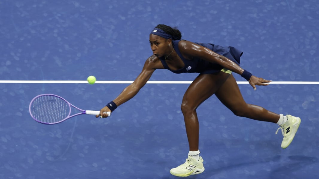 Coco Gauff celebrates during her first-round win at the 2026 US Open at Arthur Ashe Stadium