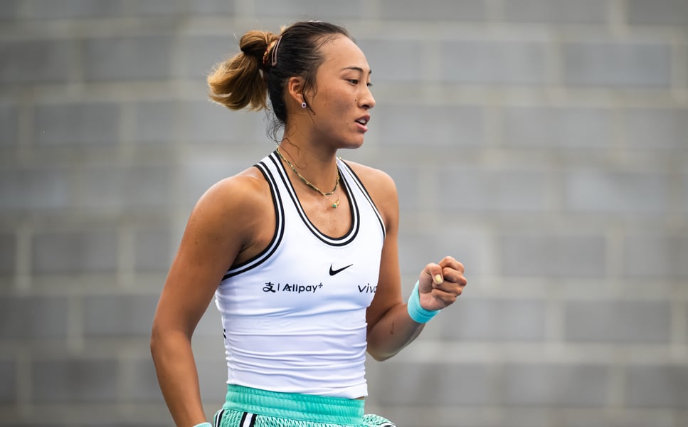 Zheng Qinwen in action at the 2026 US Open after elbow surgery comeback