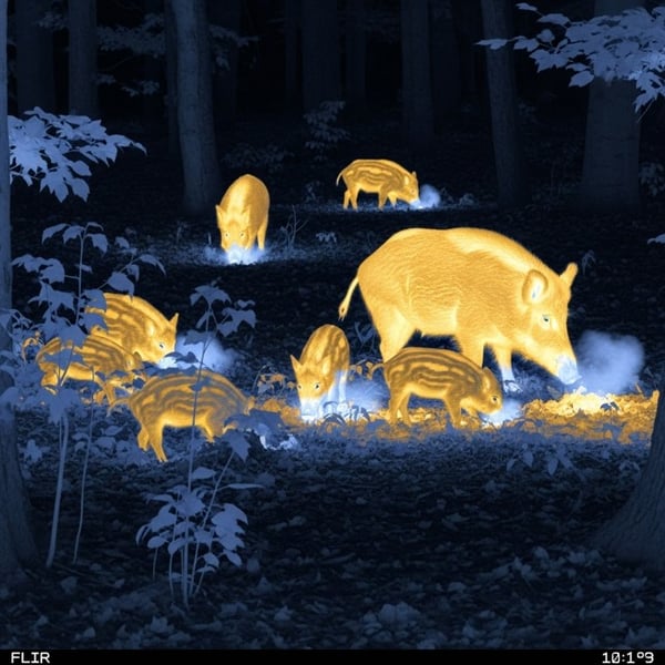 Thermal Night Vision Image of Wild Pigs Infrared Sensor