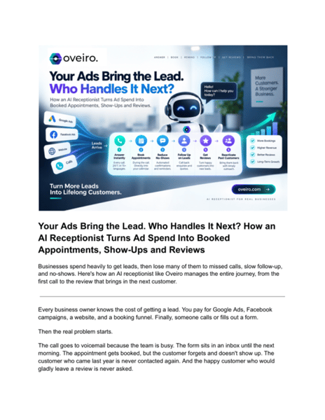 Your Ads Bring the Lead. Who Handles It Next? How an AI Receptionist Turns Ad Spend Into Booked Appointments, Show-Ups and Reviews