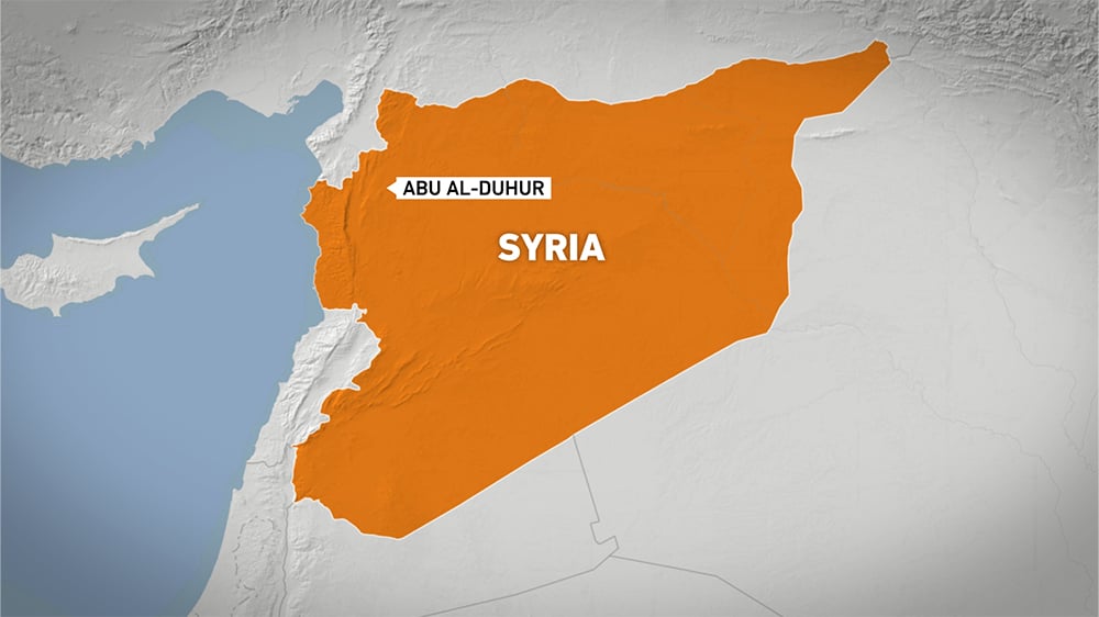 Map showing the location of Abu al-Duhur military airbase in Idlib province Syria where Israel conducted eight airstrikes in August 2026