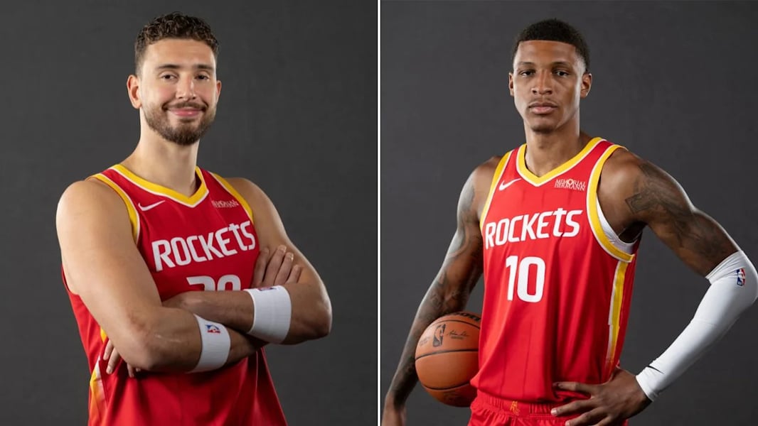 Alperen Sengun and Jabari Smith Jr. at Houston Rockets media day 2026
