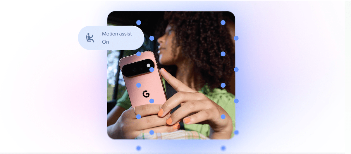 Google Motion Assist bubble overlay feature shown on Android phone in a moving vehicle