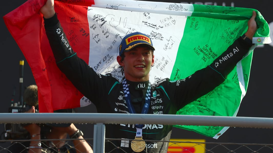 Kimi Antonelli on the podium after winning the 2026 Italian Grand Prix at Monza