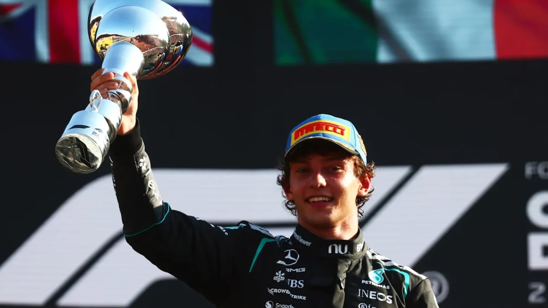 Kimi Antonelli celebrates winning the 2026 Italian Grand Prix at Monza from 19th on the grid
