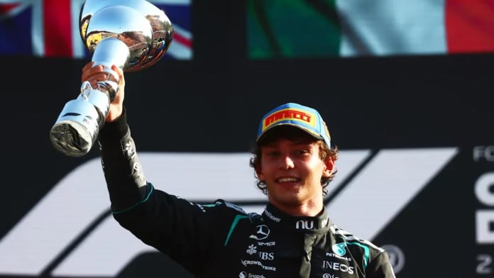 Kimi Antonelli celebrates winning the 2026 Italian Grand Prix at Monza from 19th on the grid