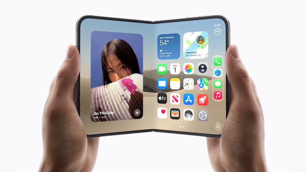 Apple iPhone Duo open showing the foldable display with the C2 cellular modem