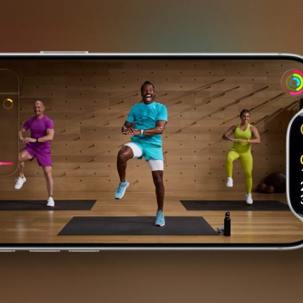 Apple Fitness+ workout interface displayed on iPhone and Apple Watch, service facing cuts under new CEO John Ternus