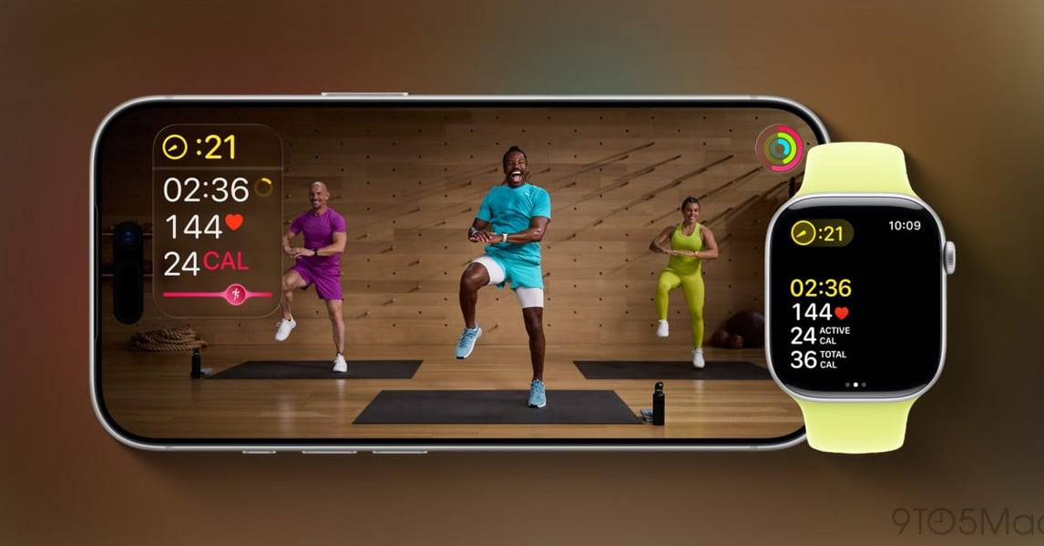 Apple Fitness+ workout interface displayed on iPhone and Apple Watch, service facing cuts under new CEO John Ternus